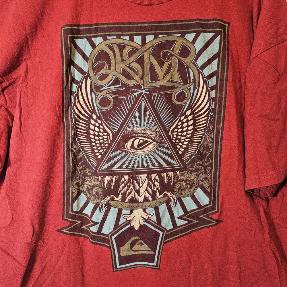 Quiksilver Mens XXL Red Tshirt Pyramid All Seeing Eye Funky Streetwear Surf